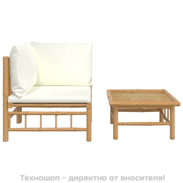 Градински лаундж комплект с кремави възглавници 2 части бамбук