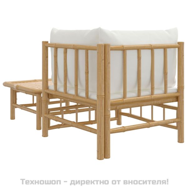 Градински лаундж комплект с кремави възглавници 2 части бамбук