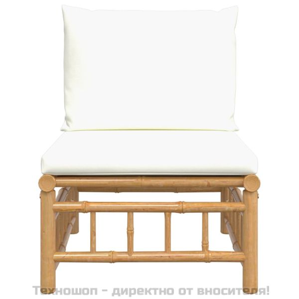 Градински среден диван с кремавобели възглавници бамбук