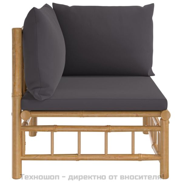 Градински ъглов диван с тъмносиви възглавници бамбук