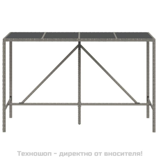 Бар маса със стъклен плот, сива, 180x70x110 см, полиратан