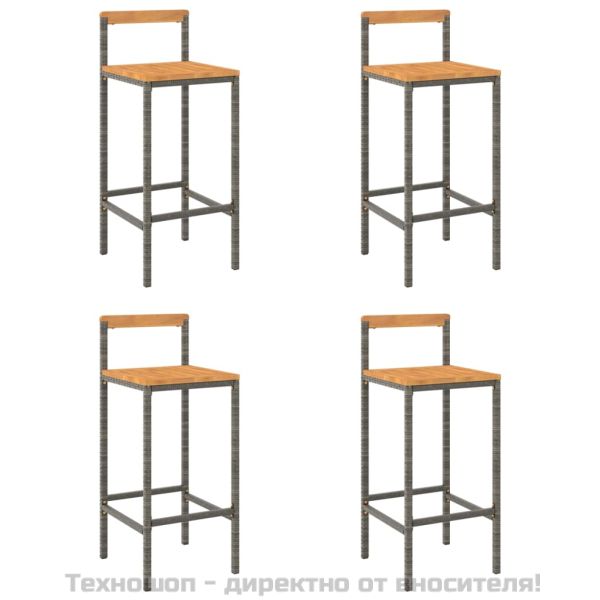 Бар табуретки, 4 бр, сиви, полиратан и акациево дърво масив