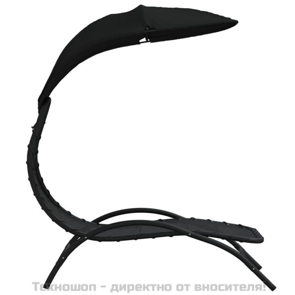 Шезлонг със сенник, черен, 167x80x195 см, текстил и стомана