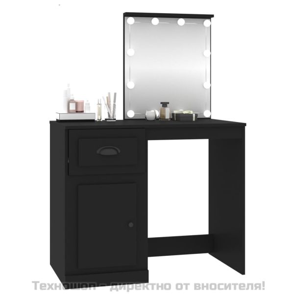 Тоалетка с LED, черно, 90x50x132,5 см, инженерно дърво