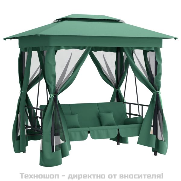 Градинска беседка с люлееща се пейка, зелен плат и стомана