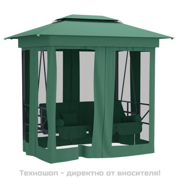 Градинска беседка с люлееща се пейка, зелен плат и стомана