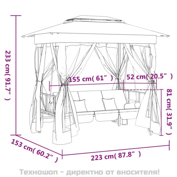 Градинска беседка с люлееща се пейка, зелен плат и стомана