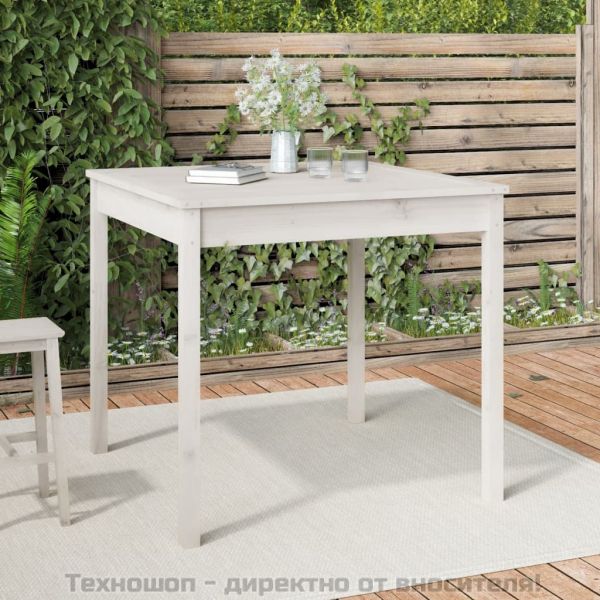 Градинска маса, бяла, 82,5x82,5x76 см, борово дърво масив