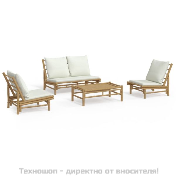 Градински лаундж комплект с кремави възглавници 4 части бамбук