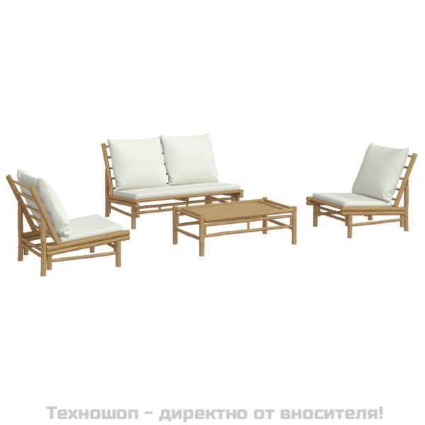Градински лаундж комплект с кремави възглавници 4 части бамбук