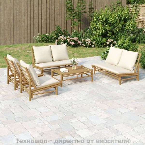 Градински лаундж комплект с кремави възглавници 5 части бамбук