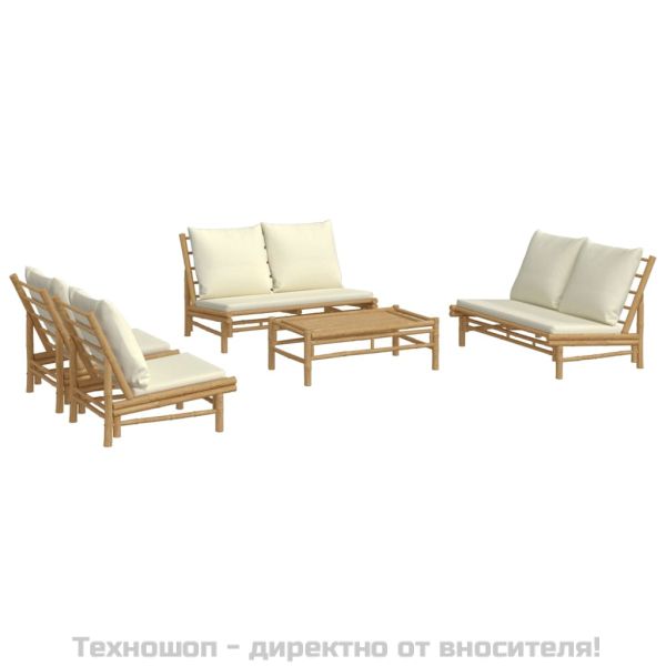 Градински лаундж комплект с кремави възглавници 5 части бамбук