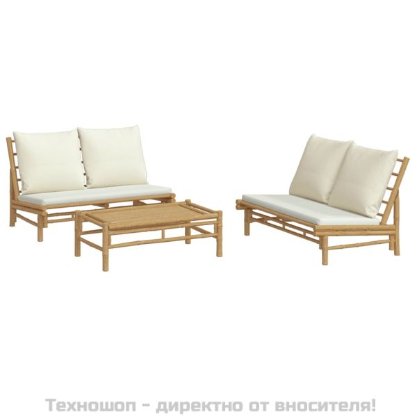 Градински лаундж комплект с кремави възглавници 3 части бамбук