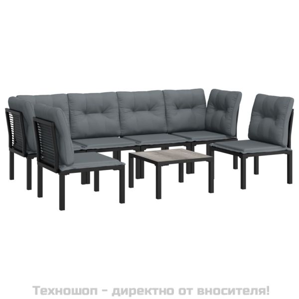 Градински лаундж комплект от 7 части, черно и сиво, полиратан