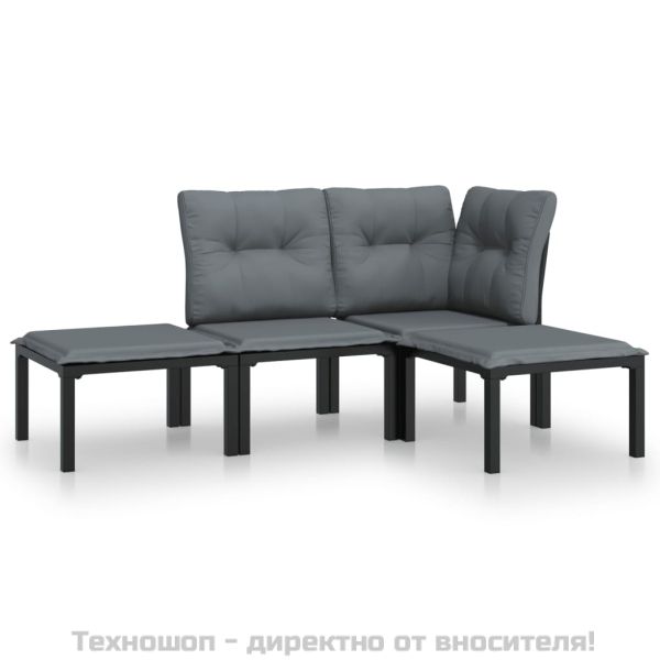 Градински лаундж комплект 4 части черно и сиво полиратан