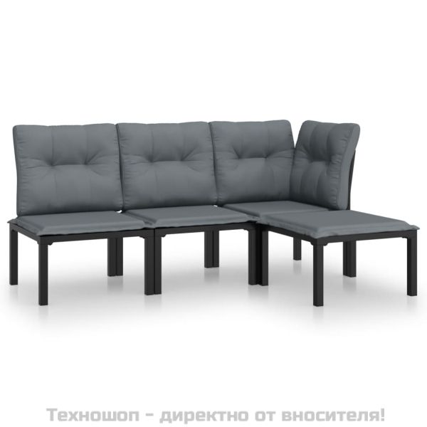 Градински лаундж комплект 4 части черно и сиво полиратан