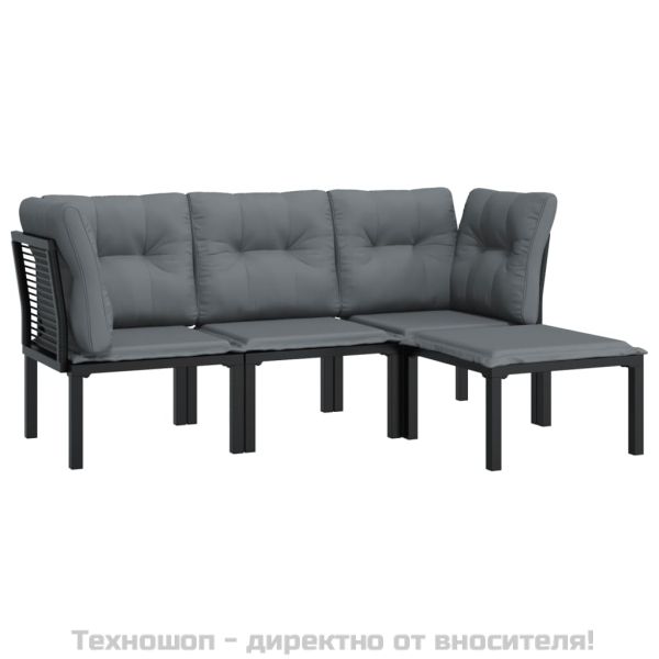 Градински лаундж комплект 4 части черно и сиво полиратан