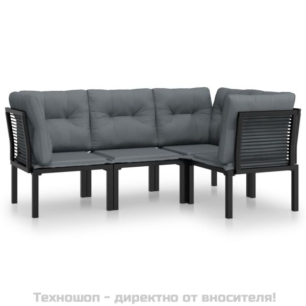 Градински лаундж комплект 4 части черно и сиво полиратан