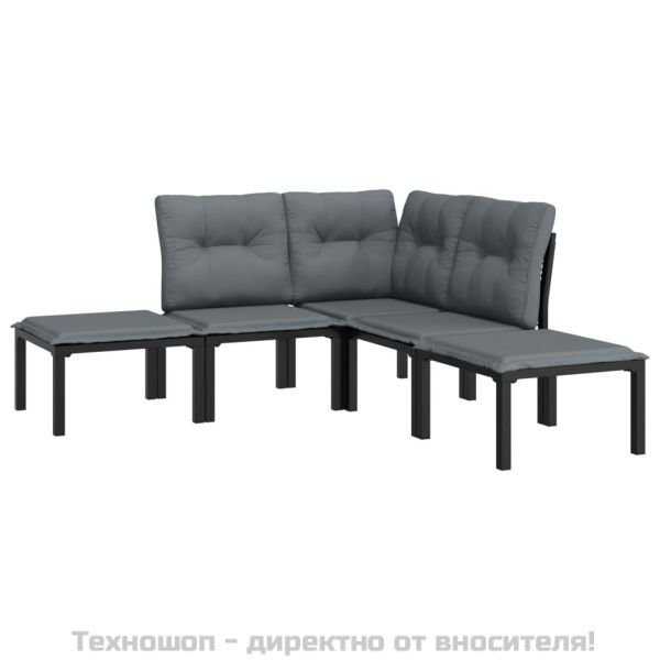 Градински лаундж комплект 5 части черно и сиво полиратан