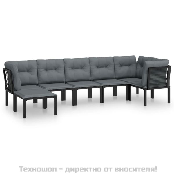 Градински лаундж комплект от 7 части, черно и сиво, полиратан