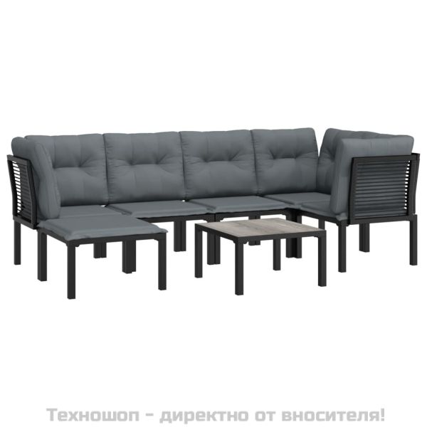 Градински лаундж комплект от 7 части, черно и сиво, полиратан