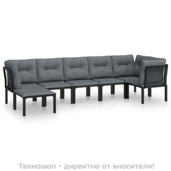 Градински лаундж комплект от 7 части, черно и сиво, полиратан