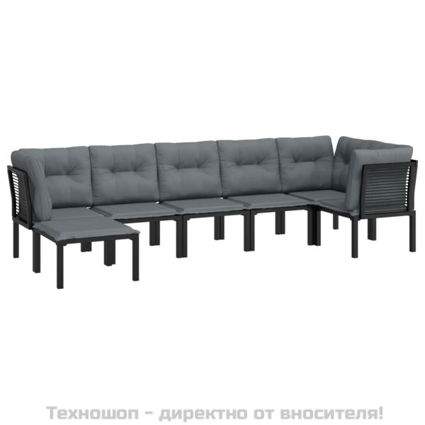 Градински лаундж комплект от 7 части, черно и сиво, полиратан