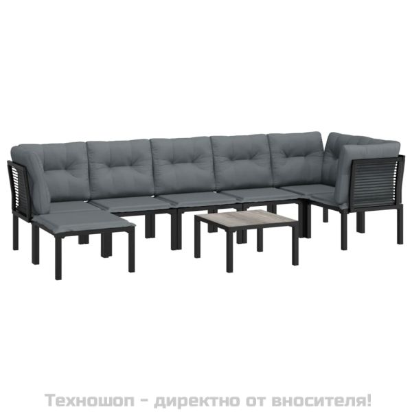 Градински лаундж комплект, 8 части, черно и сиво, полиратан