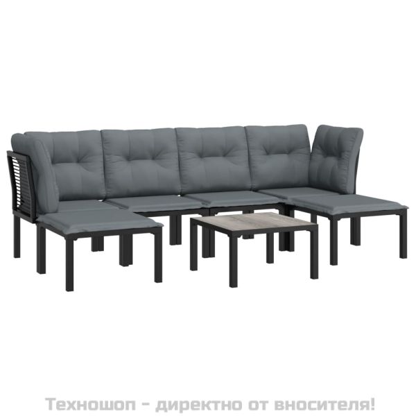 Градински лаундж комплект от 7 части, черно и сиво, полиратан