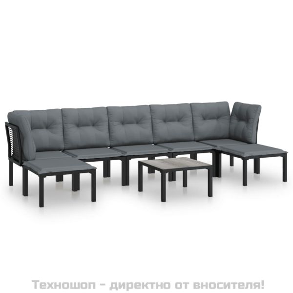 Градински лаундж комплект, 8 части, черно и сиво, полиратан