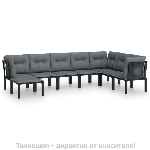 Градински лаундж комплект, 8 части, черно и сиво, полиратан