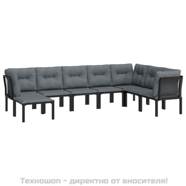 Градински лаундж комплект, 8 части, черно и сиво, полиратан