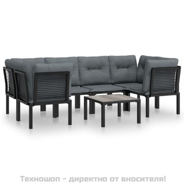 Градински лаундж комплект от 7 части, черно и сиво, полиратан