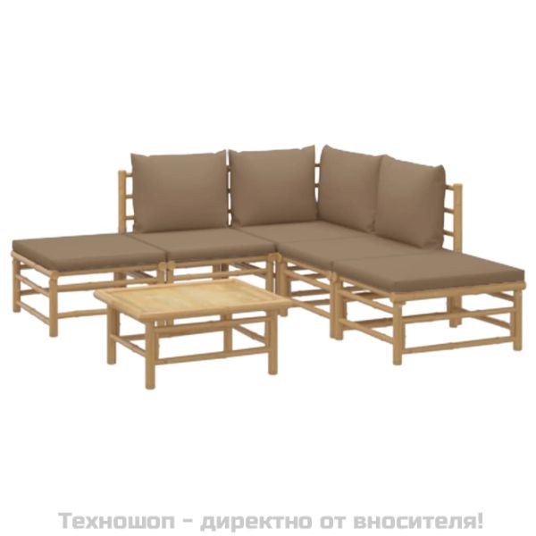 Градински лаундж комплект с таупе възглавници, 6 части, бамбук