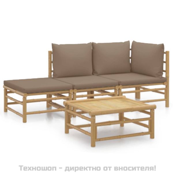 Градински лаундж комплект, 4 части, възглавници таупе, бамбук
