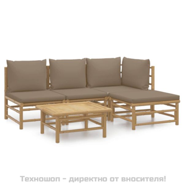 Градински лаундж комплект, 5 части, възглавници таупе, бамбук