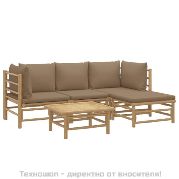 Градински лаундж комплект, 5 части, възглавници таупе, бамбук