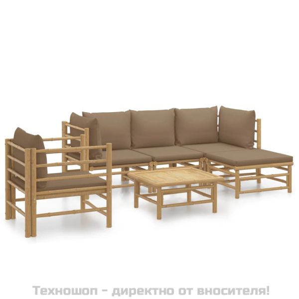 Градински лаундж комплект, 6 части, възглавници таупе, бамбук
