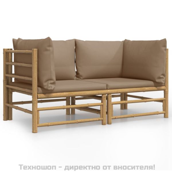 Градински ъглови дивани, 2 бр, с възглавници таупе, бамбук