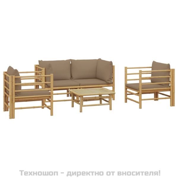 Градински лаундж комплект, 5 части, възглавници таупе, бамбук
