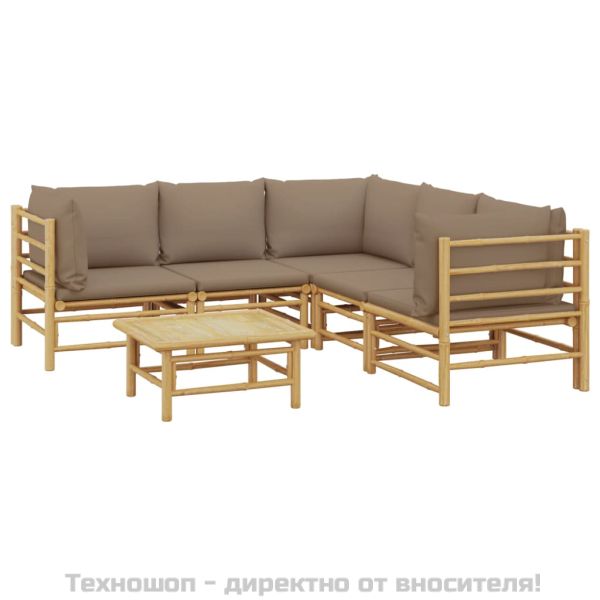 Градински лаундж комплект, 6 части, възглавници таупе, бамбук