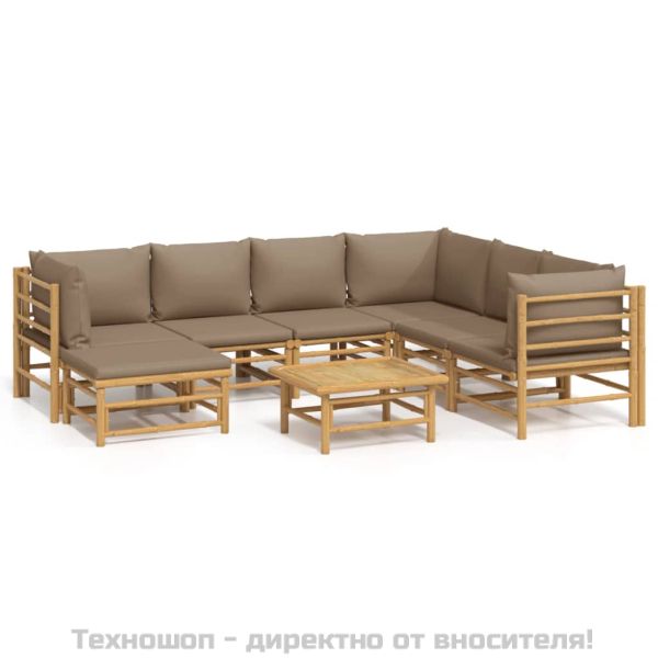 Градински лаундж комплект, 8 части, възглавници таупе, бамбук