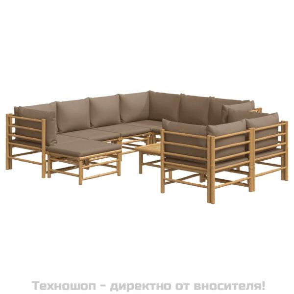 Градински лаундж комплект, 10 части, възглавници таупе, бамбук