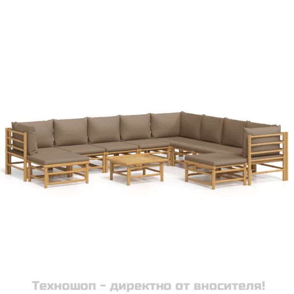 Градински лаундж комплект, 11 части, възглавници таупе, бамбук