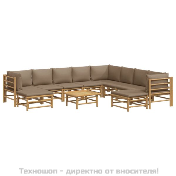 Градински лаундж комплект, 11 части, възглавници таупе, бамбук