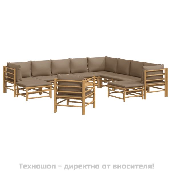 Градински лаундж комплект, 12 части, възглавници таупе, бамбук