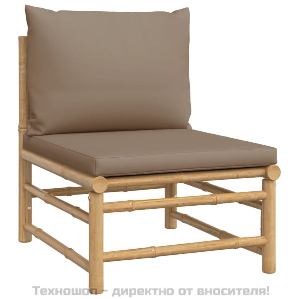 Градински лаундж комплект, 6 части, възглавници таупе, бамбук