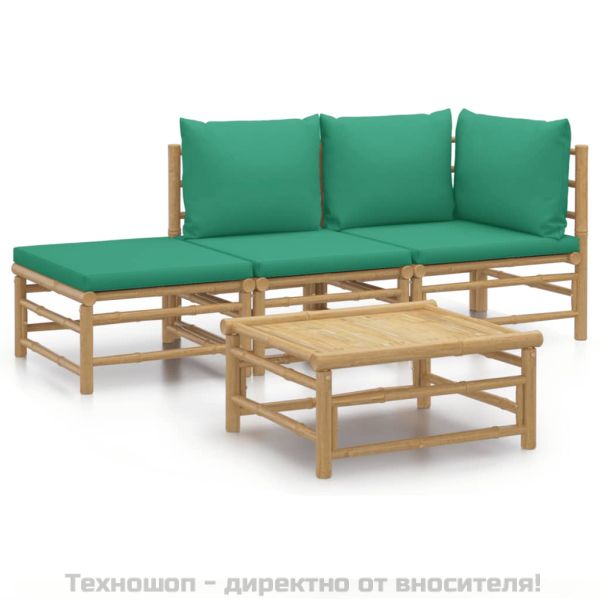 Градински лаундж комплект със зелени възглавници 4 части бамбук