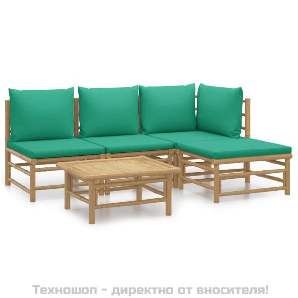 Градински лаундж комплект, 5 части, зелени възглавници, бамбук