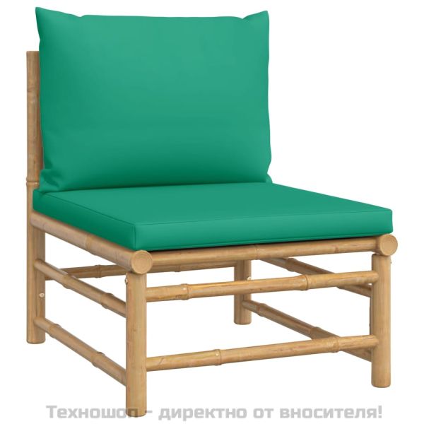 Градински лаундж комплект, 6 части, зелени възглавници, бамбук